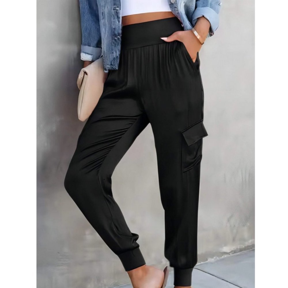 Luxe Look Satin Pocketed High Waist Joggers - Black - Picture 8 of 12